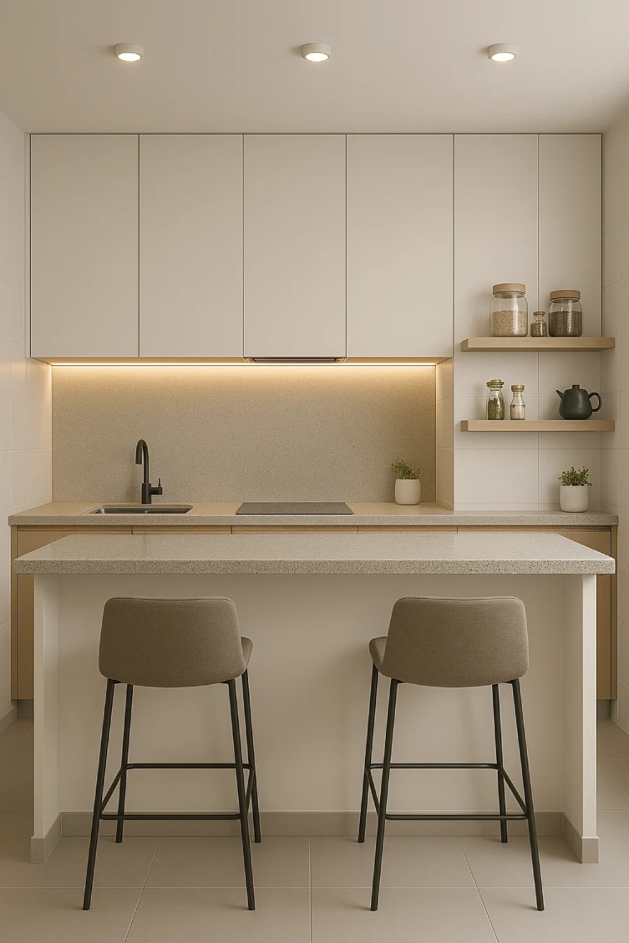 Cozinha pequena com ilha central servindo como bancada de preparo e mesa para refeições rápidas